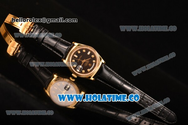 Rolex Day-Date Asia 2813/Swiss ETA 2836/Clone Rolex 3135 Automatic Yellow Gold Case with Diamonds Markers and Black Dial (BP) - Click Image to Close